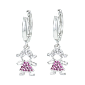 Orecchini pendenti a forma di ragazza in argento con cristalli rosa e chiari su bianco