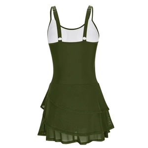 Detail of olive green one-piece swimsuit featuring triple-layer black mesh skirt and straps