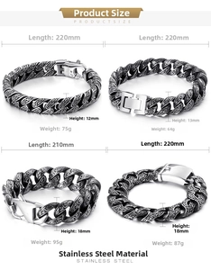 Size chart for stainless steel multi-link bracelets with vintage engraved patterns