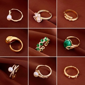 Adjustable Open Ring Copper Gold Plated Vintage Elegant Geometric Flower Design Zircon Inlaid Jewelry For Women