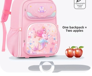 Lightweight pink school bag for girls compared with apples to show minimal weight