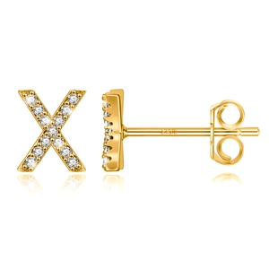 Macro view of S925 silver stamp on gold-plated X letter stud earrings with zircons