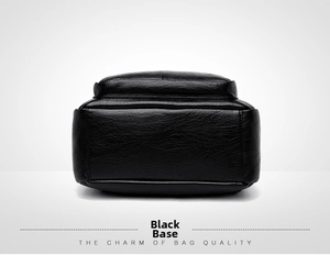 Detail view of the black leather backpack bottom featuring premium pebbled texture and stitching