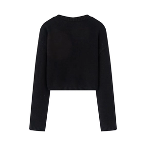 Back view of a cropped black knitted sweater featuring a round neck and long sleeves