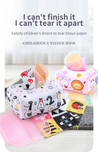 Detail eines Plüsch-Taschentuchbox-Spielzeugs mit Tüchern und Löwen-Alphabet-Druck