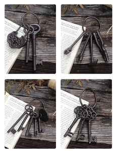 Detail eines Vintage-Schlüsselsets aus Gusseisen mit rustikalem Bronze-Finish für Deko