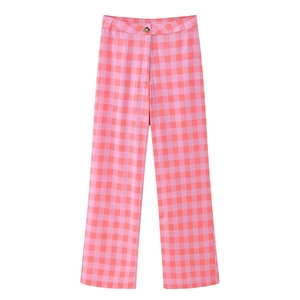Detailed flat lay of high-waist pink and orange plaid straight-leg trousers with front button