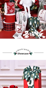 Close-up of wired Christmas ribbons with snowflake, snowman, and plaid festive patterns