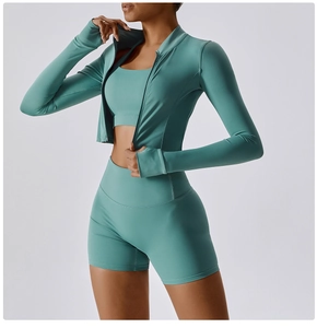 Détails de l'ensemble de yoga sarcelle avec veste zippée à passe-pouces et short
