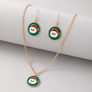 Macro detail of Santa Claus enamel jewelry set including necklace and earrings