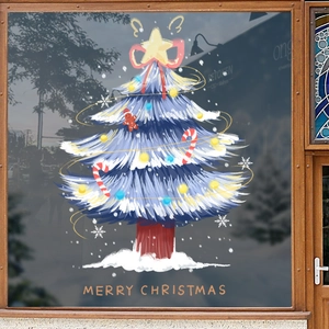 Blue Christmas tree window static sticker with Merry Christmas greeting on a glass door