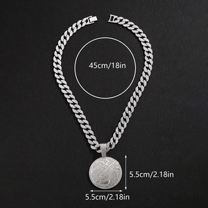 Detailed size chart of hip hop iced out basketball pendant on a 45cm Cuban chain