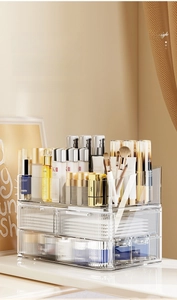 Macro view of multi-layer acrylic storage drawers for cosmetics with a striped texture finish