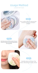 Three-step guide for using the thick flocked powder puff with colorful floral patterns