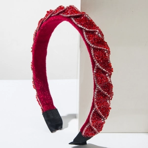 Cerchietto largo con strass rossi brillanti e lussuosa trama in velluto intrecciato da festa