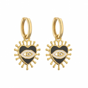 Golden heart-shaped huggie earrings with evil eye enamel and zircon stones