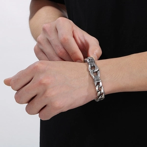 Vintage silver-plated stainless steel men's bracelet with intricate totem patterns