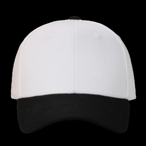 Front view of two-tone minimalist baseball cap with white crown and black curved brim
