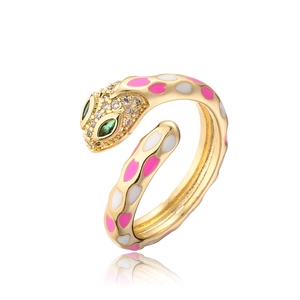 Snake open ring in 18k gold plating with pink enamel spots and green crystal eyes
