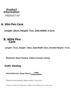 Size chart showing houndstooth wool pencil case dimensions for slim and wide styles