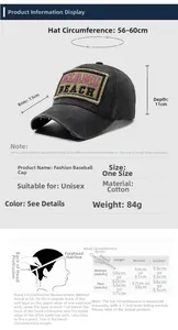 Detailed size guide for washed cotton baseball cap with adjustable circumference