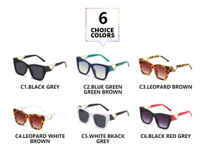 Detail view of square frame sunglasses with signature triangle metal cutout on temples