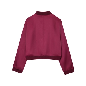 Women's burgundy oversized bomber jacket with ribbed cuffs and hem, back view