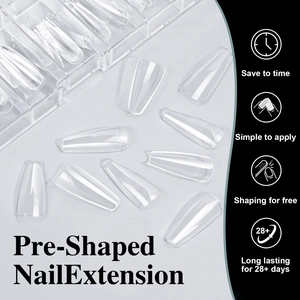 Macro detail of pre-shaped transparent long ballerina nail tips and storage case