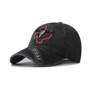 Macro detail of Texas embroidery and longhorn skull on washed black cotton baseball cap