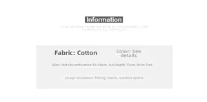 Detailed size chart for the washed cotton baseball cap featuring adjustable dimensions