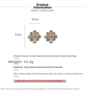 Detail view of rhinestone flower earrings with alloy and silver needle measurements