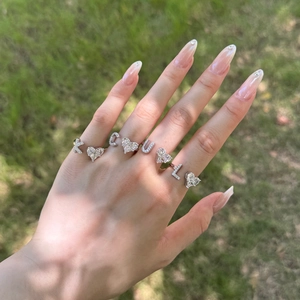 Detailed view of silver letter rings with heart zircon on hand over grass