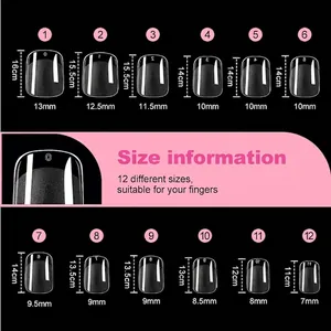 Tableau des tailles pour 120 faux ongles carrés courts transparents en 12 tailles variées
