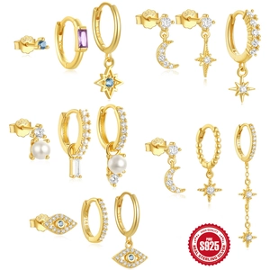 Celestial Star Moon Evil Eye Earrings With 925 Sterling Silver Earring Post Zircon Artificial Pearl Gold Plated Jewelry Women