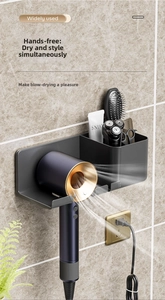 Detail of dark grey wall-mounted hair dryer holder with a storage cup for toiletries