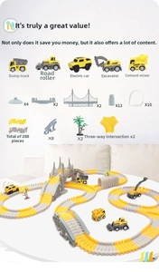 Detailed 288-piece construction track set with 5 yellow engineering vehicles and tunnels