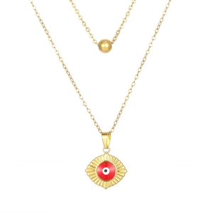Gold layered stainless steel necklace featuring a red evil eye pendant on white background