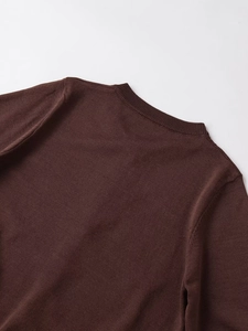 Detail of dark brown knit cardigan showing the ribbed neckline and fine shoulder stitching