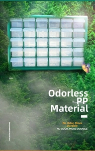 Detail of green 25-drawer component organizer made from durable PP material