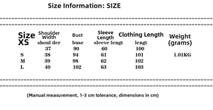 Detailed size chart for minimalist women's coat with shoulder pads and length info