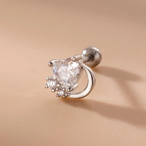 Macro shot of silver heart zirconia stud earring with flat screw back details
