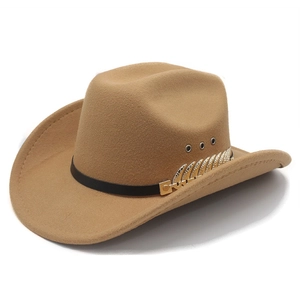Cappello da cowboy western in feltro di lana kaki con fascia nera e piuma dorata