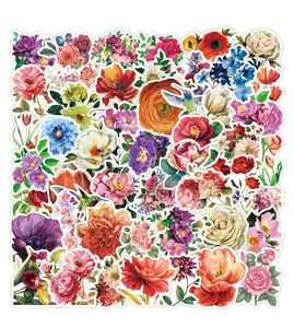 Detailed flat lay of colorful vintage floral waterproof stickers with rose and peony patterns