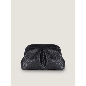 Close-up of black woven texture and metal clasp detail on women's luxury clutch bag
