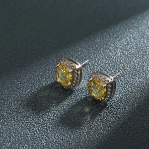 Fashionable square halo stud earrings with yellow zircon and silver metal finish