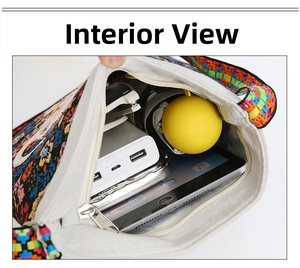 Interior view of ethnic style canvas bag showing spacious capacity for tablets and gadgets