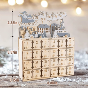 Detail view showing dimensions of 24-drawer wooden Christmas advent calendar with reindeer