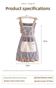 Detail showing floral cotton apron with lace trim, large front pocket, and 75x70cm size