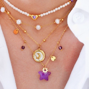 Women's Elegant Stainless Steel 14K Gold Plated Natural Stone Star Moon Pendant Necklace With Artificial Pearl Jewelry