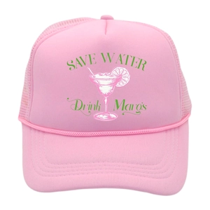 Close-up of pink trucker hat featuring Save Water Drink Margs print with mesh back
